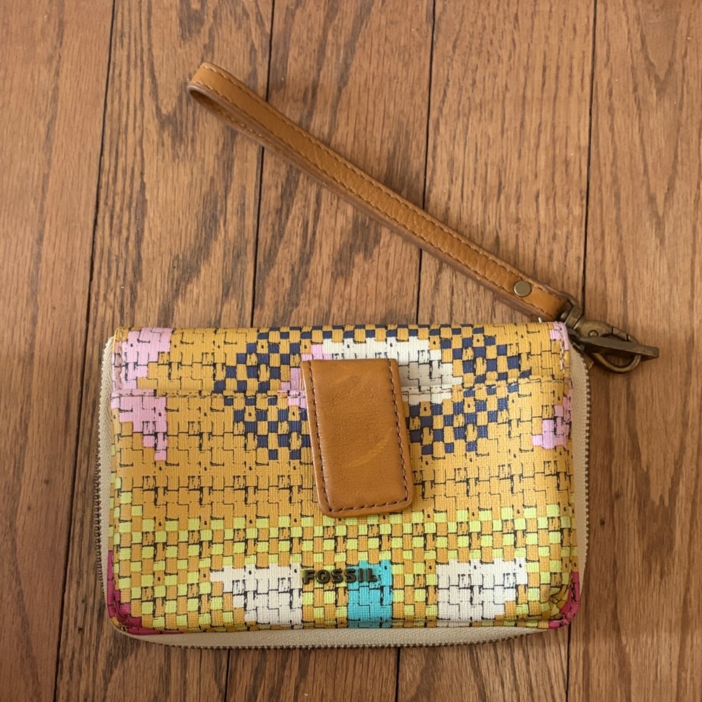 Fossil Yellow and Tan Woven Wristlet